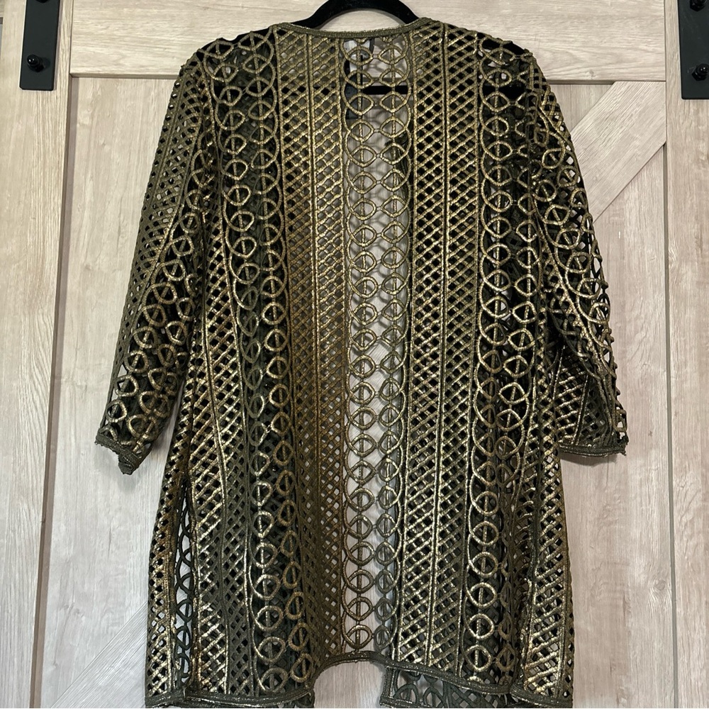 Chico’s Travelers Collection Foil Lace Jacket Tuscan Olive Gold Women’s SZ 1 - Picture 2 of 4